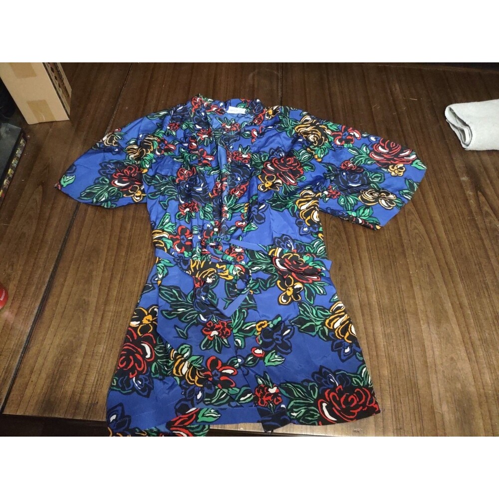 Vintage Val Mode Lingerie Robe Women's Dark Blue Floral Medium M Med